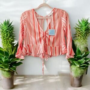 Hayden Red Stripe V Neck Ruched Front Crop Top Keyhole Back Ruffle Small